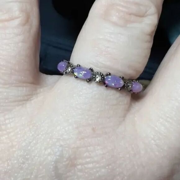 Iridescent Opal Ring with Black Band Sz 9 - Picture 4 of 9